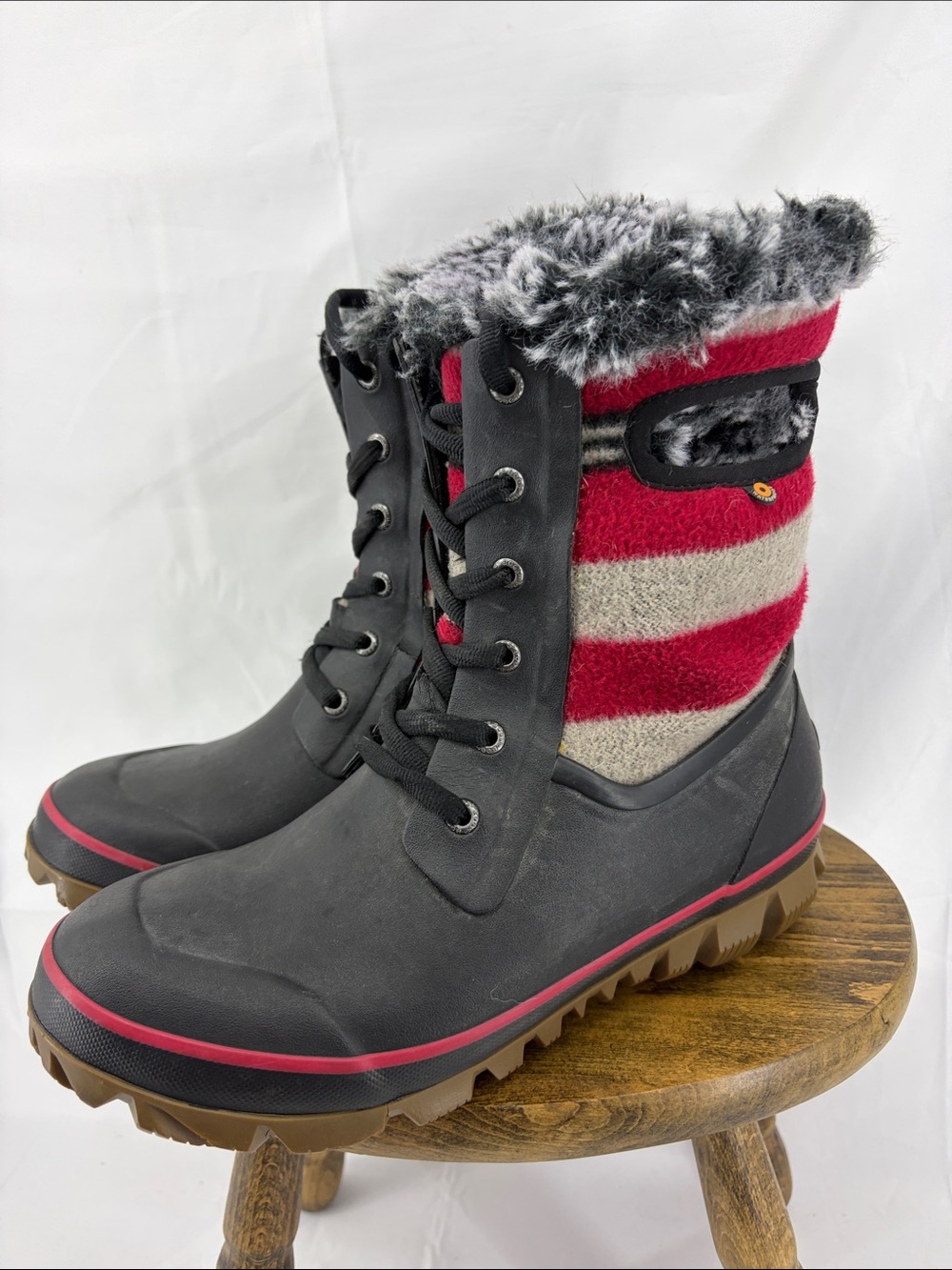 Bogs Arcata Red/Gray Wool Striped WP Sherpa Mid-calf Winter Boots, Womens 8